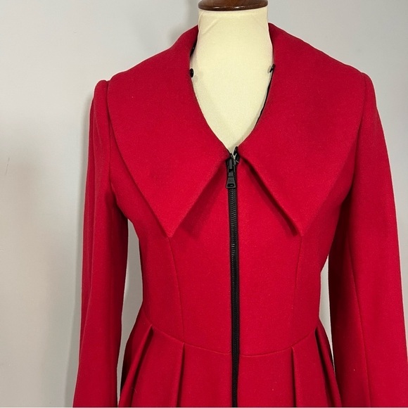 Alice + Olivia Campbell red wool coat medium fit & flare cinched waist peacoat - Picture 6 of 11
